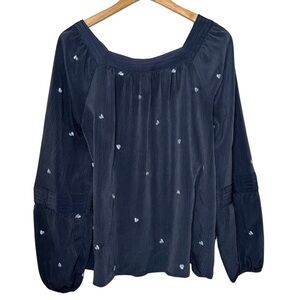 Lauren Conrad Shirred Flowy Peasant Top Hearts Bishop Sleeve Dark Gray Size XXL